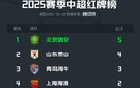 中超上半程紅牌：國安領跑，山東次之，海牛第三